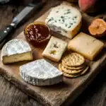Assorted cheese platter with blue, brie, and cheddar cheeses, crackers, and jam.