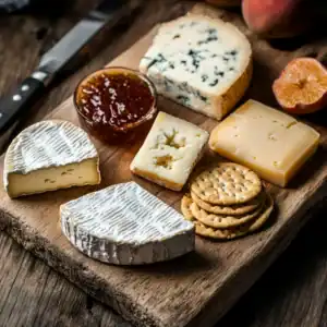 Assorted cheese platter with blue, brie, and cheddar cheeses, crackers, and jam.