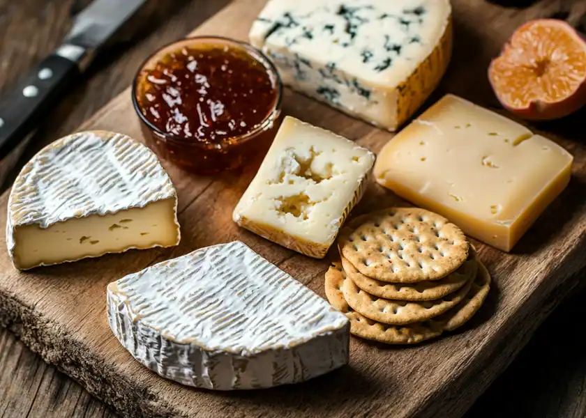 Assorted cheese platter with blue, brie, and cheddar cheeses, crackers, and jam.